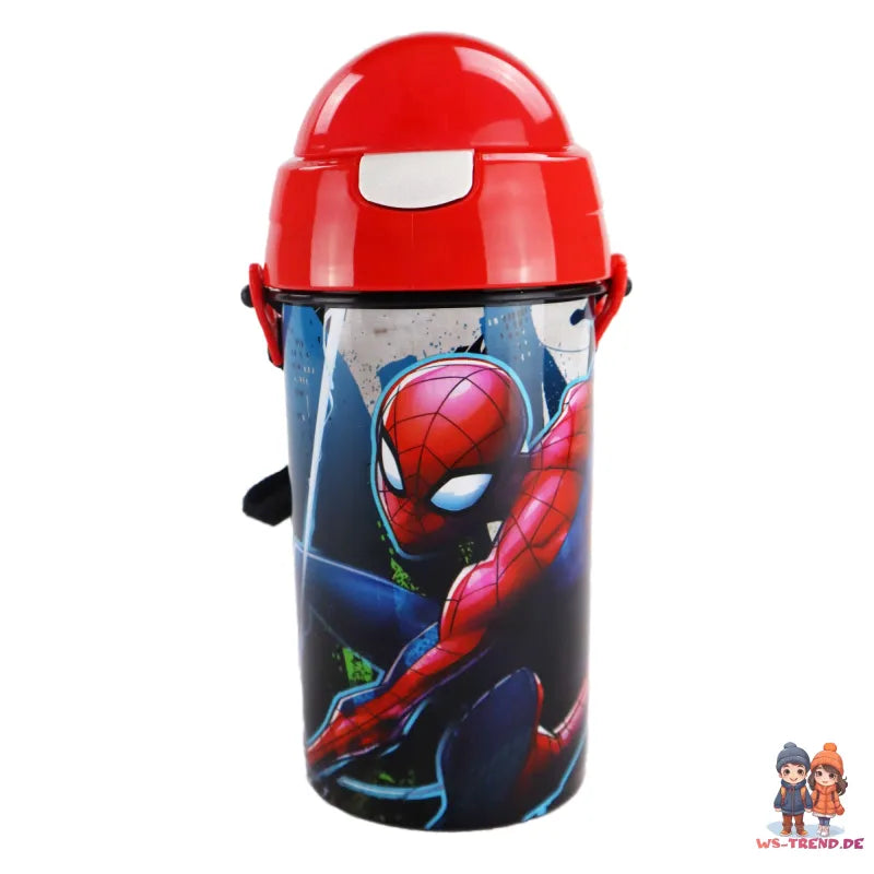 Marvel Spiderman Trinkflasche Flasche mit Trinkhalm Gurt 500 ml - WS-Trend.de Wasserflasche