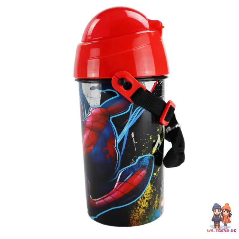 Marvel Spiderman Trinkflasche Flasche mit Trinkhalm Gurt 500 ml - WS-Trend.de Wasserflasche