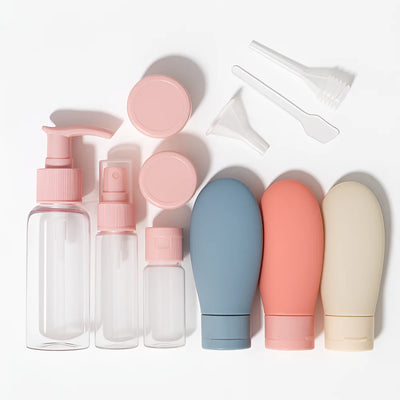 Kulturbeutel Reiseflaschen 10-tlg Set Schampooflasche Dosen Sprühflasche - WS-Trend.de