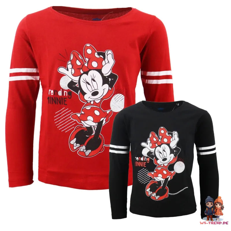 Disney Minnie Maus Kinder langarm T-Shirt - WS-Trend.de Shirt Mädchen 104 - 134 Baumwolle Rot Schwarz