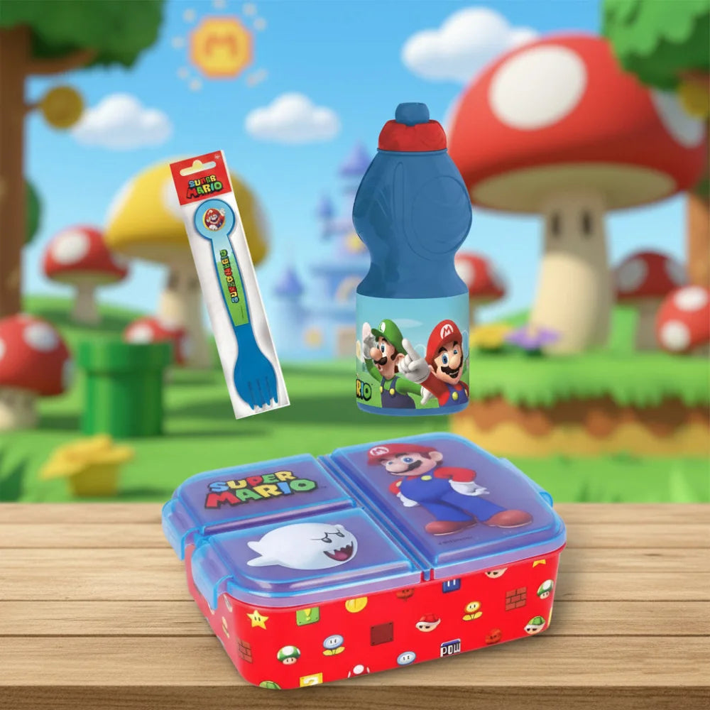 Super Mario Luigi Kinder 4 teiliges Set Brotdose - Gabel Löffel und Trinkflasche - WS-Trend.de
