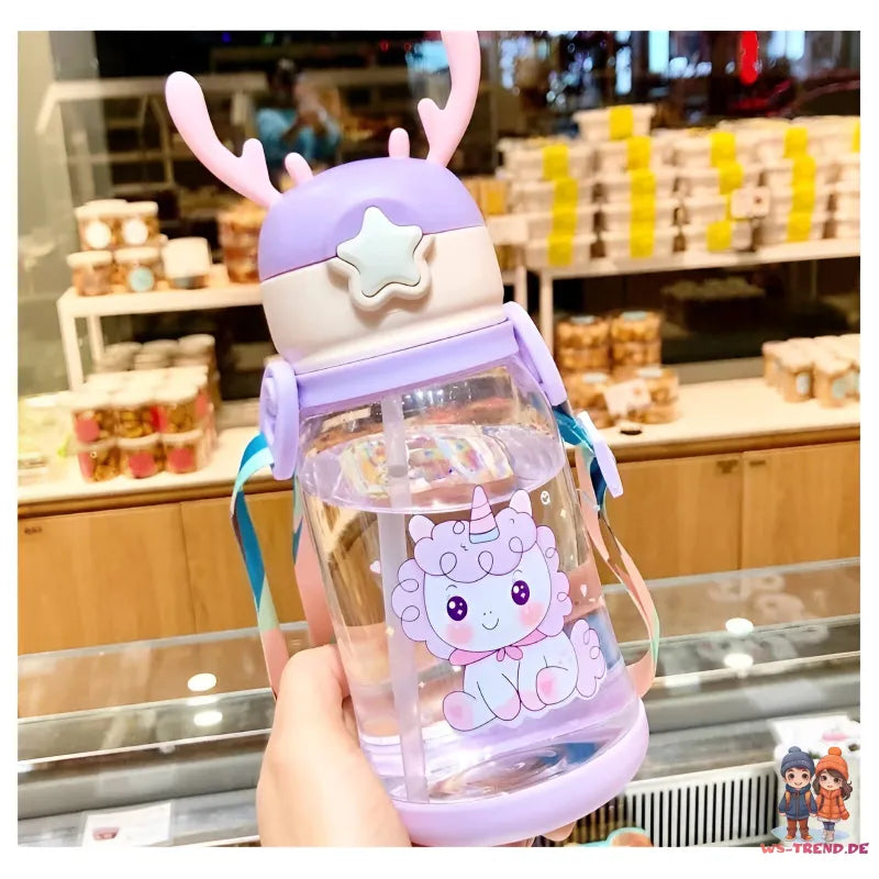 Einhorn 3D Deckel Kinder Wasserflasche Trinkflasche Flasche Gurt Halm 600 ml WS Trend.de