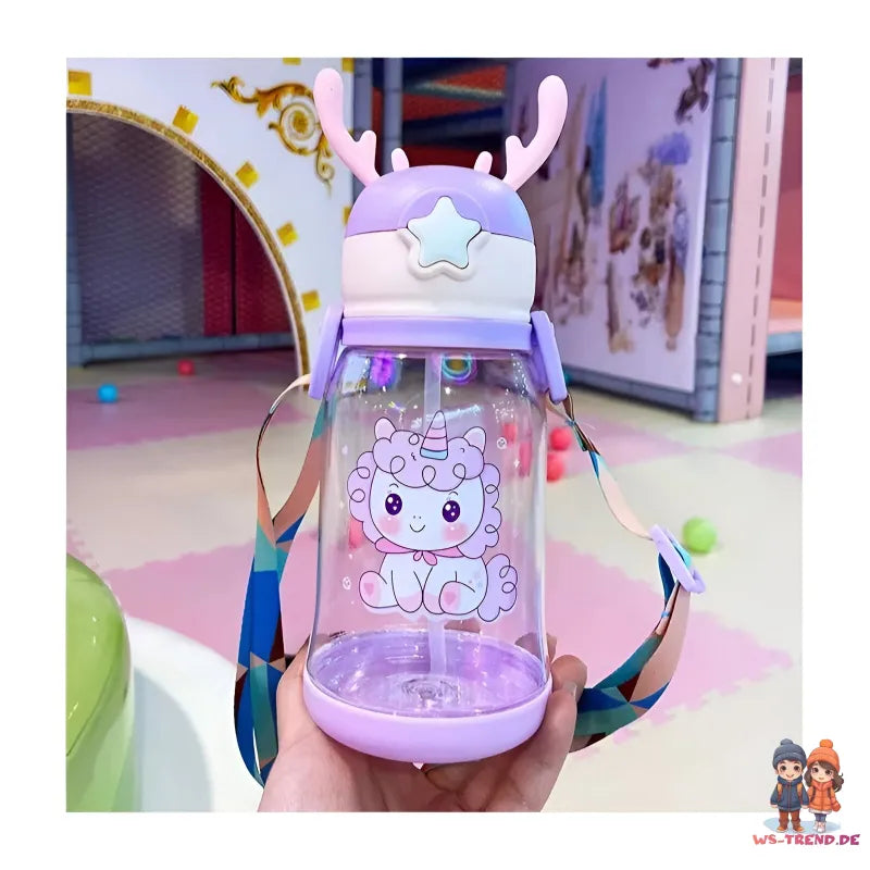 Einhorn 3D Deckel Kinder Wasserflasche Trinkflasche Flasche Gurt Halm 600 ml WS Trend.de
