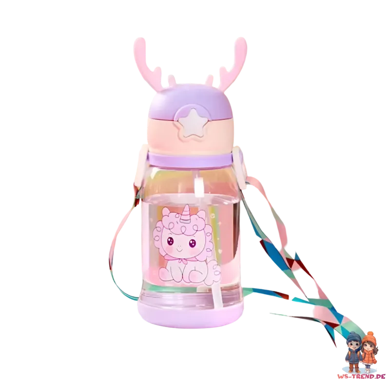 Einhorn 3D Deckel Kinder Wasserflasche Trinkflasche Flasche Gurt Halm 600 ml - WS-Trend.de