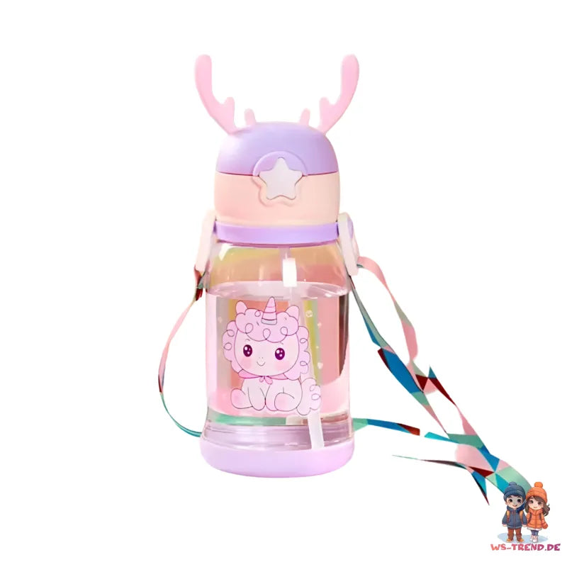 Einhorn 3D Deckel Kinder Wasserflasche Trinkflasche Flasche Gurt Halm 600 ml WS Trend.de