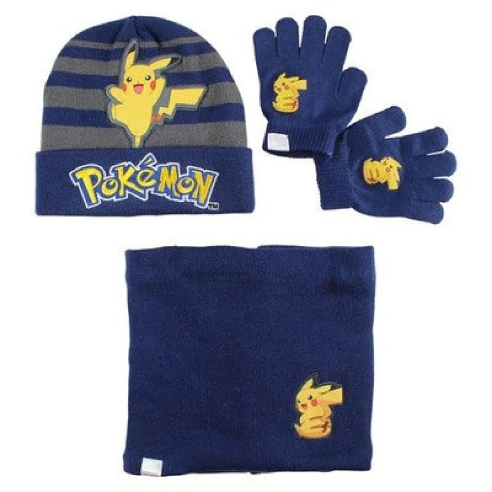 Pokemon Pikachu Kinder Herbst Winter Set Mütze Loop plus Handschuhe 54/56 - Blau - WS-Trend.de