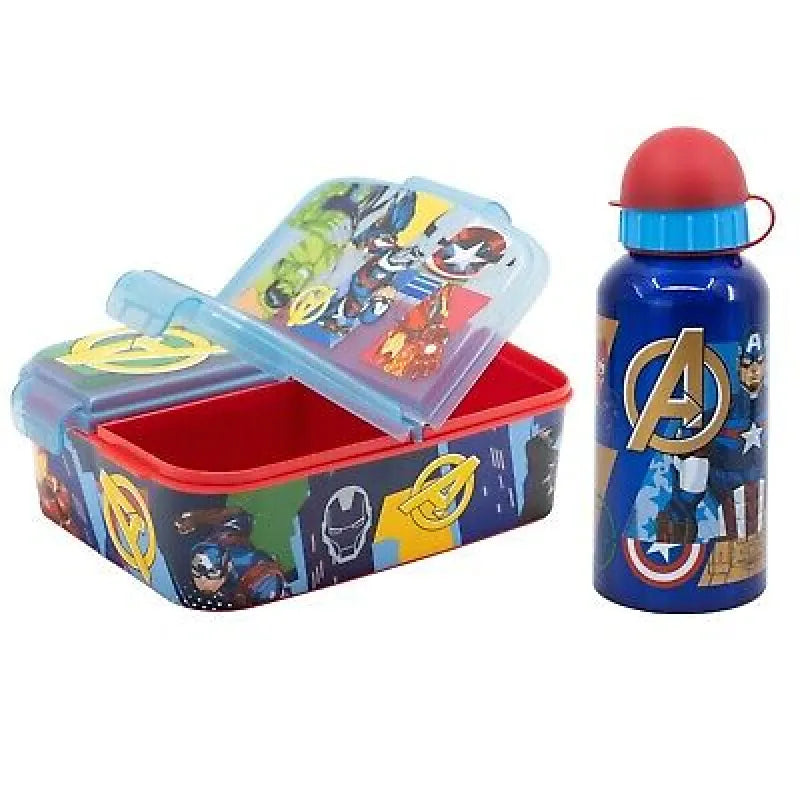 Marvel Avengers Kinder Set 2 tlg 3 Kammern Brotdose Alu Trinkflasche 400 ml WS Trend.de