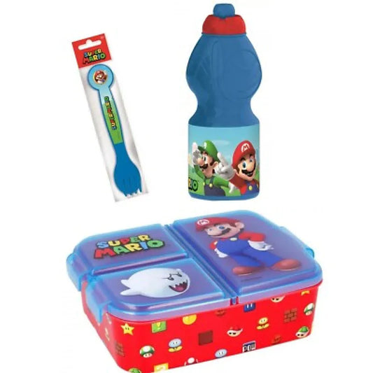 Super Mario Luigi Kinder 4 teiliges Set Brotdose - Gabel Löffel und Trinkflasche - WS-Trend.de