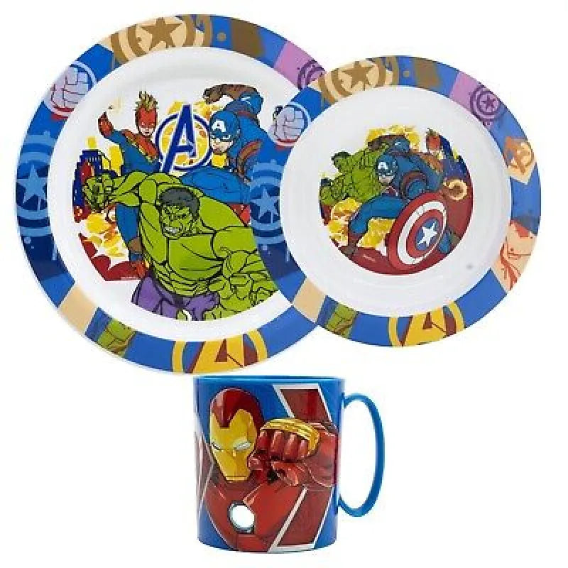 Marvel Avengers Kinder Geschirr-Set 3 teilig Becher Teller Schüssel Thor Hulk - WS-Trend.de