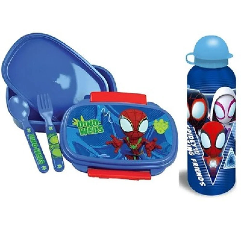 Marvel Spidey Spiderman 4 tlg Kinder Lunch Set Brotdose Trinkflasche Besteck - Blau - WS-Trend.de