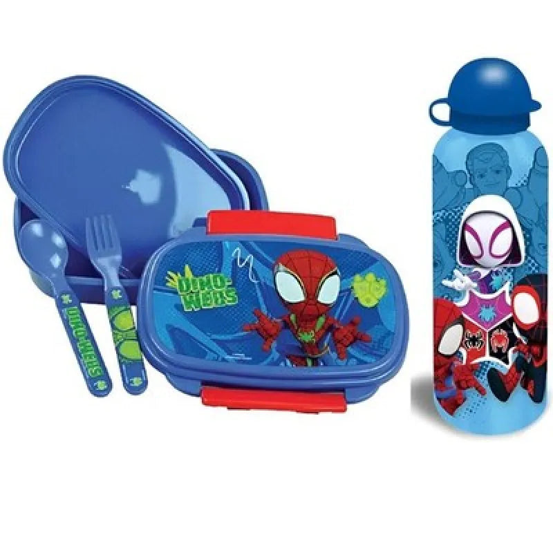 Marvel Spidey Spiderman 4 tlg Kinder Lunch Set Brotdose Trinkflasche Besteck - Hellblau - WS-Trend.de