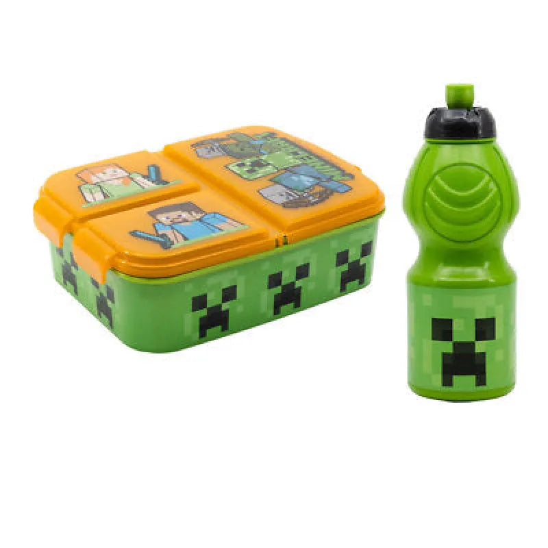 Minecraft Kinder 2 tlg. Set 3 Kammern Brotdose Trinkflasche 400ml - Creeper - WS-Trend.de