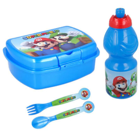 Super Mario Luigi Kinder 4 teiliges Set Brotdose Gabel Löffel Trinkflasche - WS-Trend.de