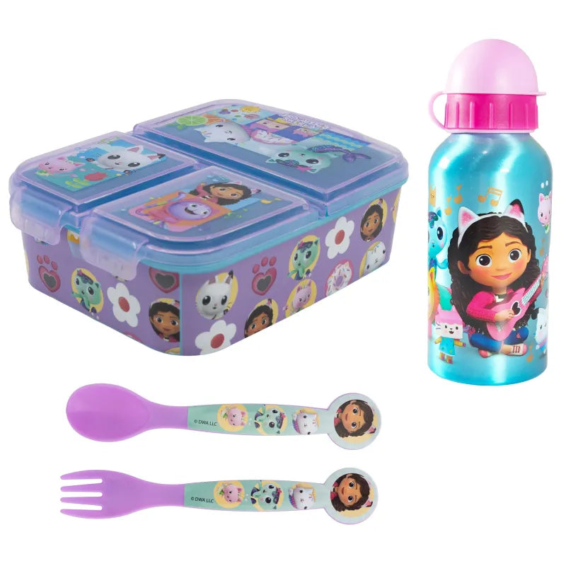 Gabbys Dollhouse Kinder 4 tlg Set Brotdose 3 Kammern Alu-Trinkflasche Besteck - WS-Trend.de