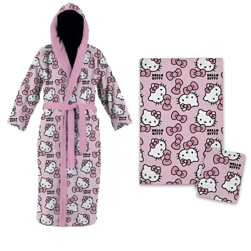 Hallo Kitty Kinder Mädchen 3 tlg. Set Bademantel Handtuch Handschuh - WS-Trend.de Gr. 98 - 128