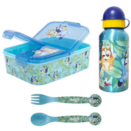 Bluey Bingo Kinder 4 teiliges Set 3 Kammern Brotdose Alu Trinkflasche Besteck WS Trend.de