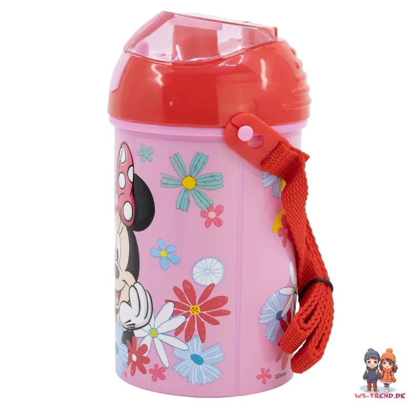 Disney Minnie Maus Trinkflasche Flasche mit Trinkhalm Gurt 450 ml WS Trend.de Wasserflasche