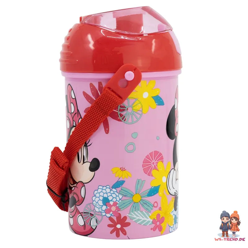 Disney Minnie Maus Trinkflasche Flasche mit Trinkhalm Gurt 450 ml WS Trend.de Wasserflasche
