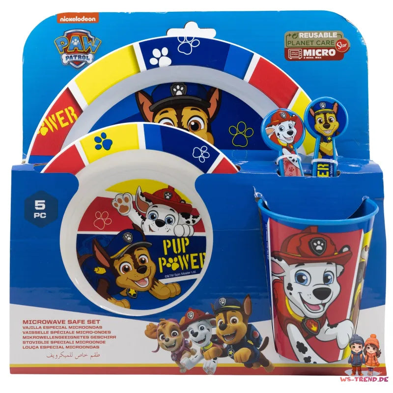 Paw Patrol Kinder Geschirr-Set 5 teilig Becher Teller Schüssel - Chase Marshall - WS-Trend.de