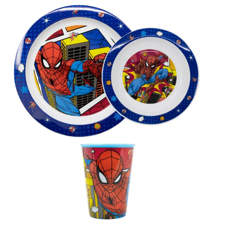 Spiderman Kinder Geschirr Set Teller Schüssel Becher WS Trend.de Marvel Spidey 3 teilig