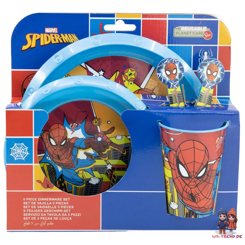 Marvel Spiderman Kinder Geschirr-Set 5 teilig Becher Teller Schüssel Besteck - WS-Trend.de