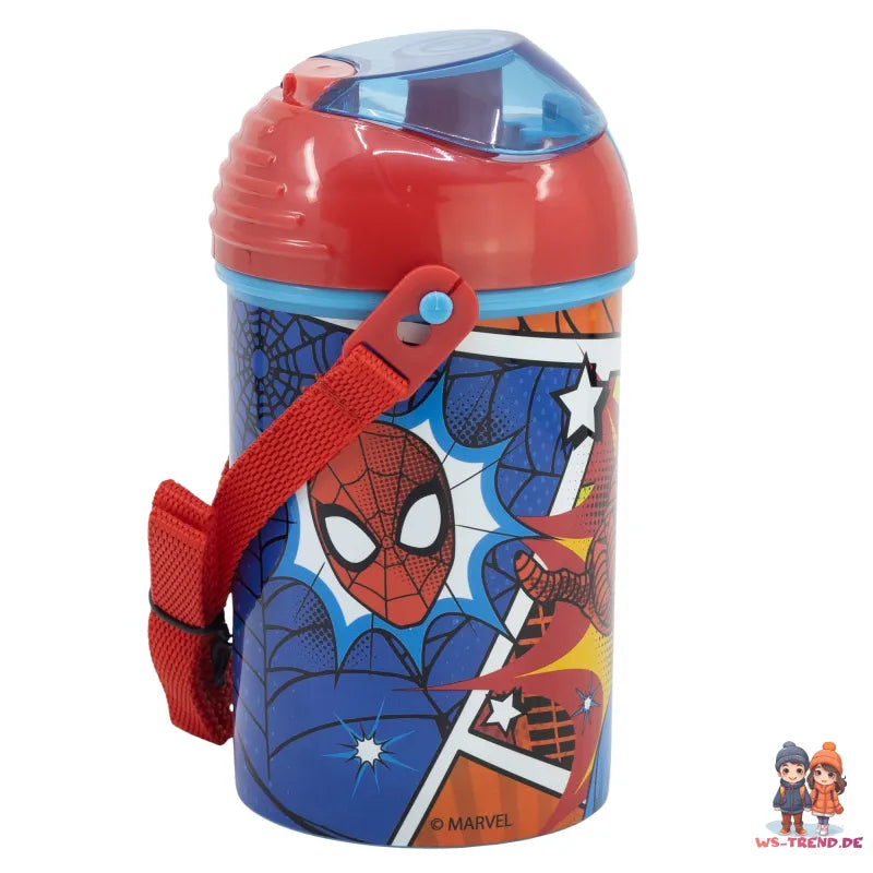 Marvel Spiderman Trinkflasche Flasche mit Trinkhalm Gurt 450 ml - WS-Trend.de Wasserflasche
