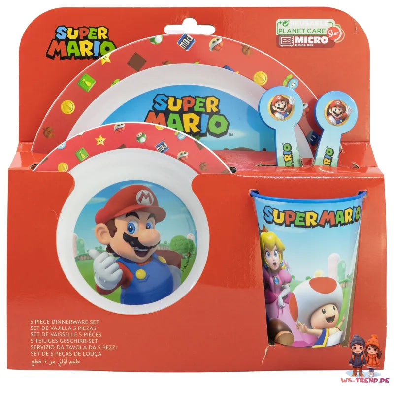 Super Mario und Luigi Kinder Geschirr-Set 5 tlg Becher Teller Schüssel Besteck - WS-Trend.de