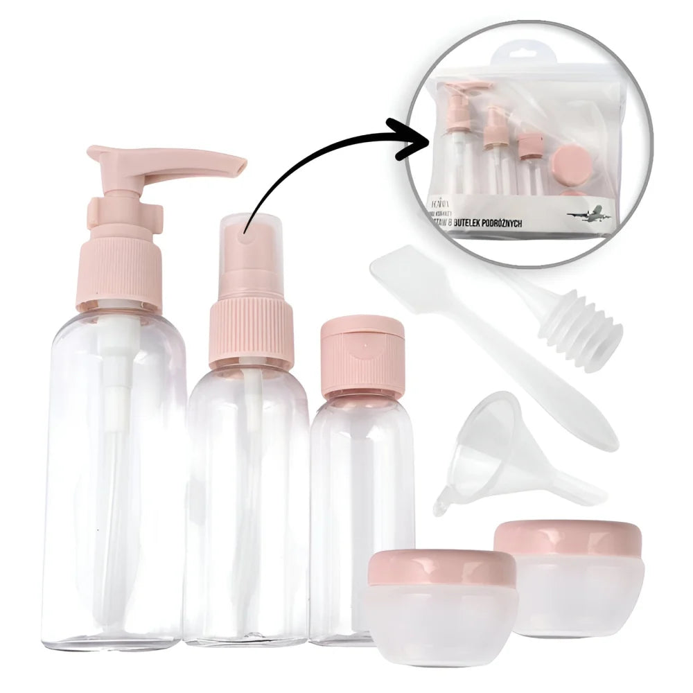 Kulturbeutel Reiseflaschen 8-tlg Set Schampooflasche Dosen Sprühflasche - WS-Trend.de