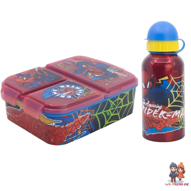 Marvel Spiderman 2 teiliges Kinder Set 3 Kammern Brotdose Alu Trinkflasche 400 ml - WS-Trend.de