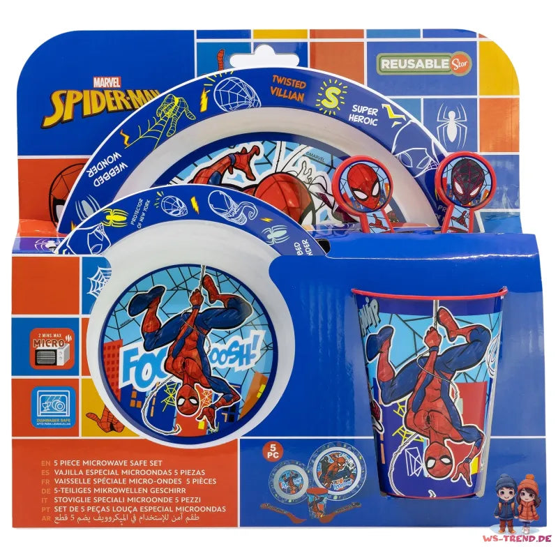 Marvel Spiderman Kinder Geschirr Set 5 teilig Becher Teller Schüssel Besteck WS Trend.de