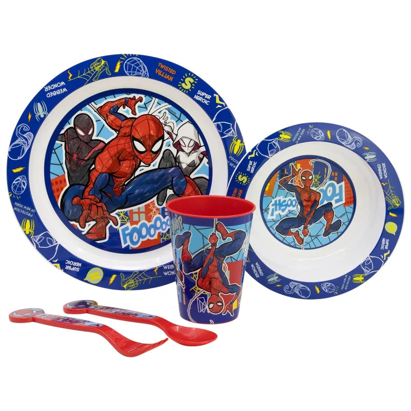 Marvel Spiderman Kinder Geschirr Set 5 teilig Becher Teller Schüssel Besteck WS Trend.de