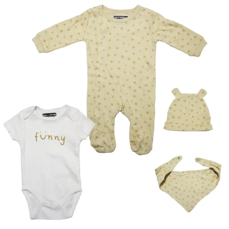 Funny Baby 4 tlg Set Body Strampler Lätzchen Mütze - WS-Trend.de Gr. 56 - 74 100% Baumwolle