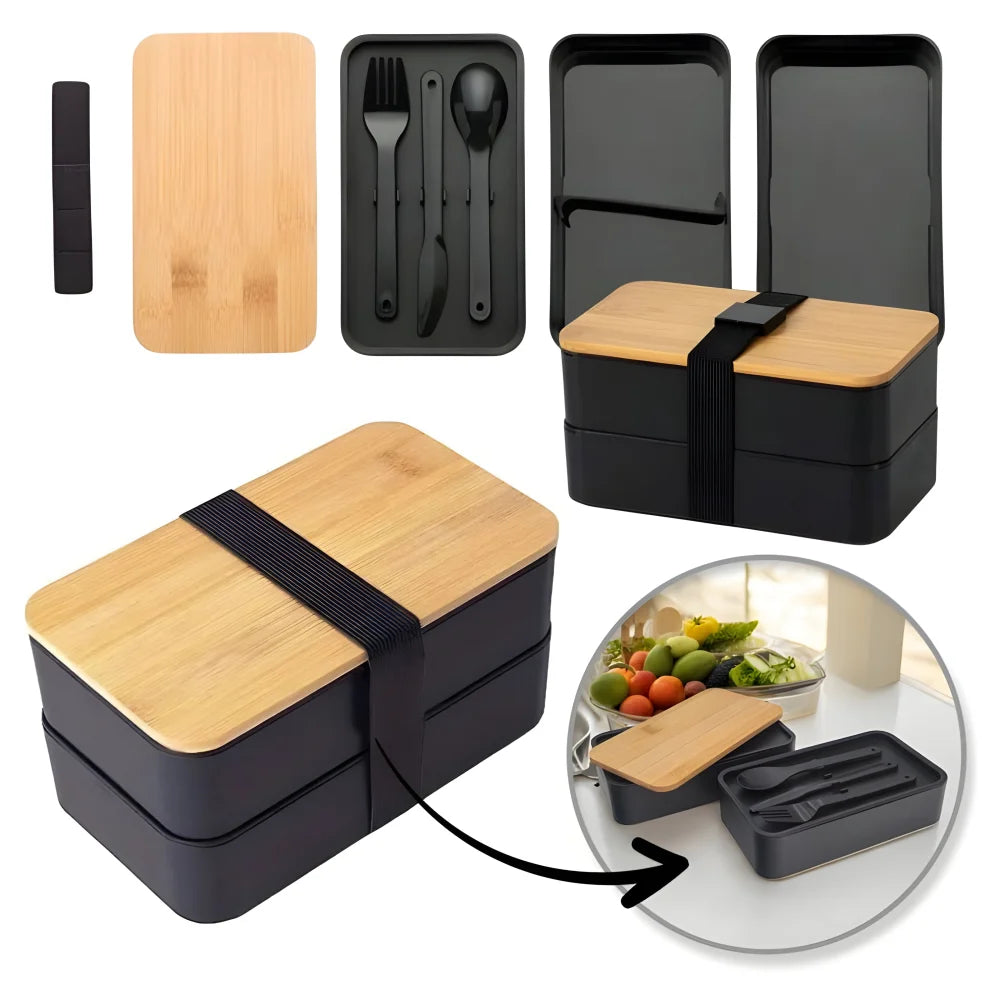 Doppelte Lunchbox 1,3L mit Bambusdeckel & Besteck – 4-teiliges Bento Set in Schwarz - WS-Trend.de