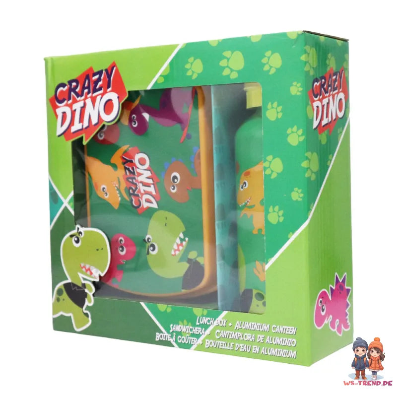 Crazy Dino 2 tlg Kinder Lunch Set Brotdose Alu Trinkflasche 500 ml Geschenk - WS-Trend.de