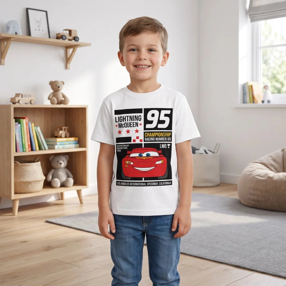 Disney Cars Lightning McQueen Kinder T-Shirt Kurzarm Shirt 98 bis 128 Weiß Blau - WS-Trend.de