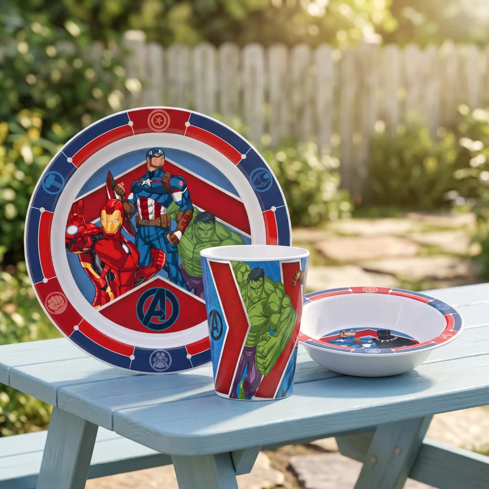 Marvel Avengers Kinder Geschirr-Set 3 teilig Becher Teller Schüssel Thor Hulk - WS-Trend.de