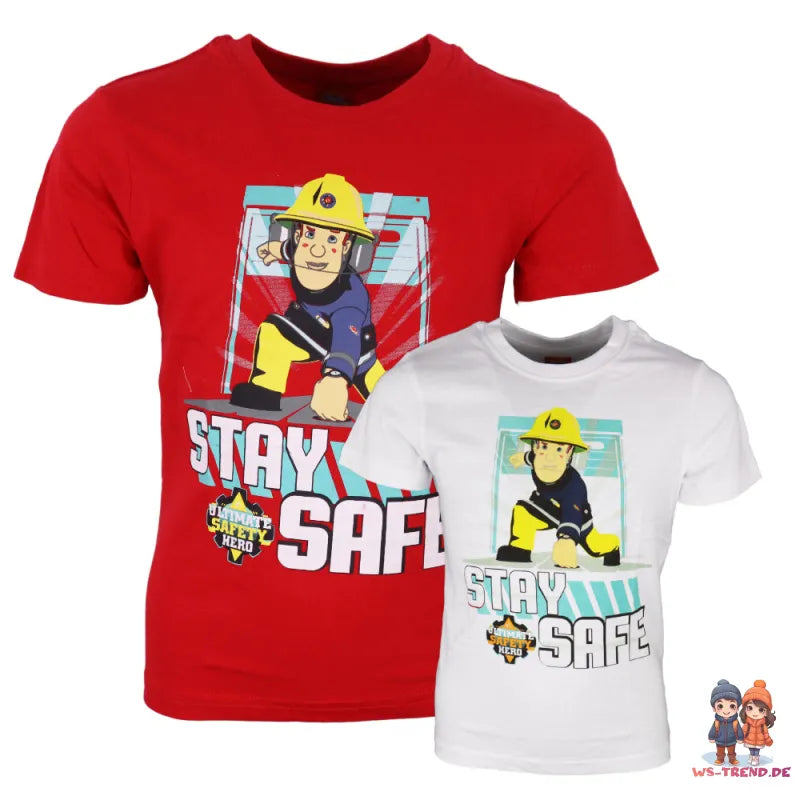 Feuerwehrmann Sam Stay Safe Kinder T-Shirt - WS-Trend.de Rot Weiß für Jungen 98 bis 128