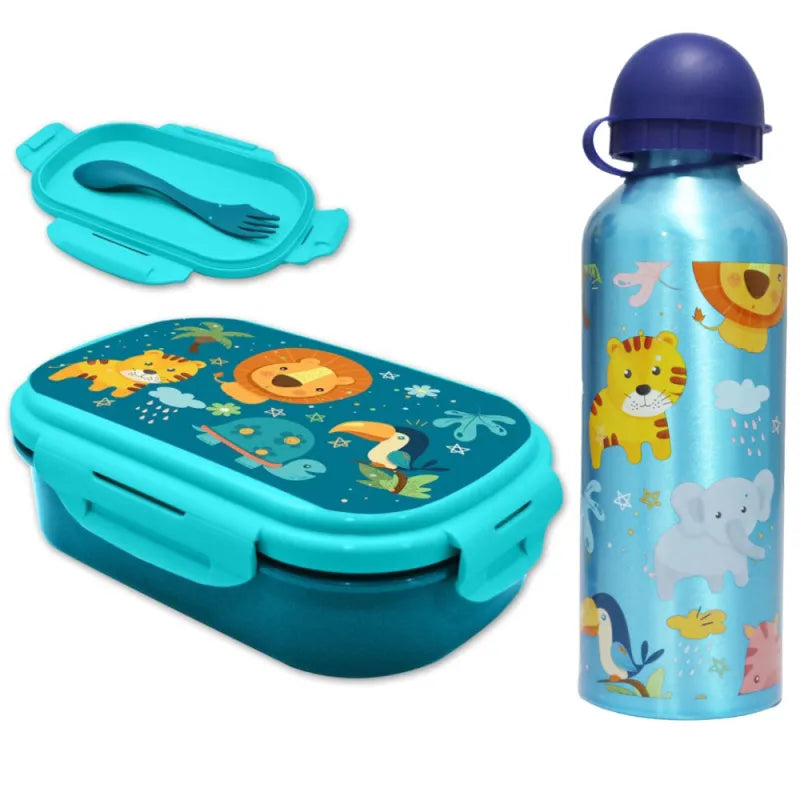 Jungle Friends 3 tlg Kinder Lunch Set Brotdose Alu Trinkflasche 500 ml Göffel - WS-Trend.de