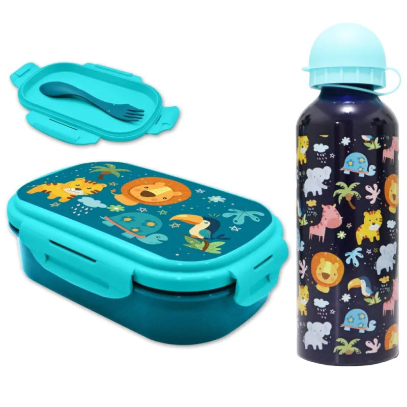 Jungle Friends 3 tlg Kinder Lunch Set Brotdose Alu Trinkflasche 500 ml Göffel - WS-Trend.de