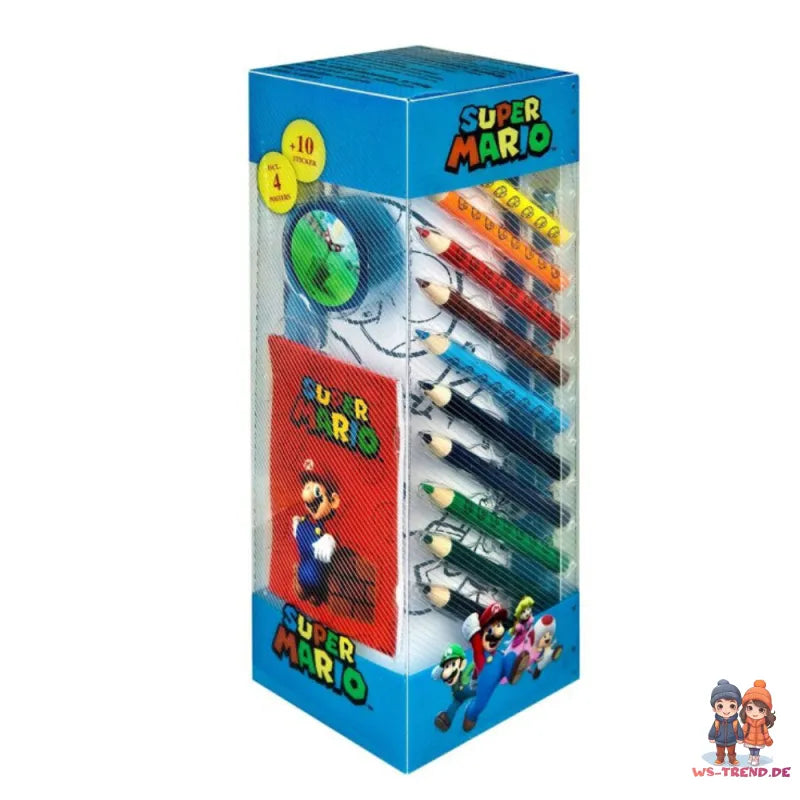Super Mario 35 tlg. Kinder Malset Buntstifte Fasermaler Lineal Poster Anspitzer WS Trend.de