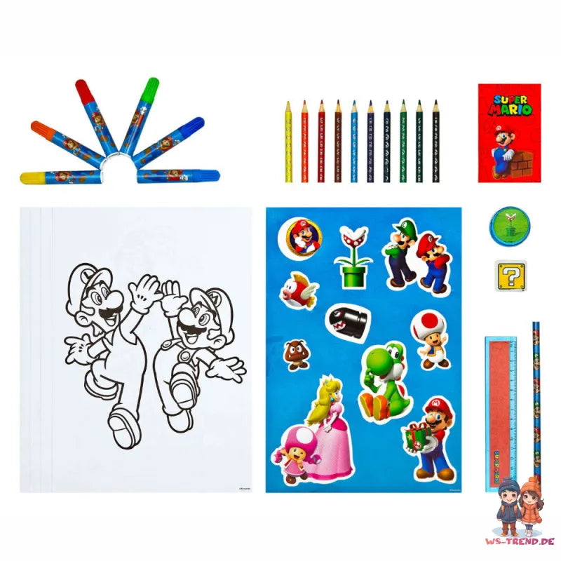 Super Mario 35 tlg. Kinder Malset Buntstifte Fasermaler Lineal Poster Anspitzer WS Trend.de