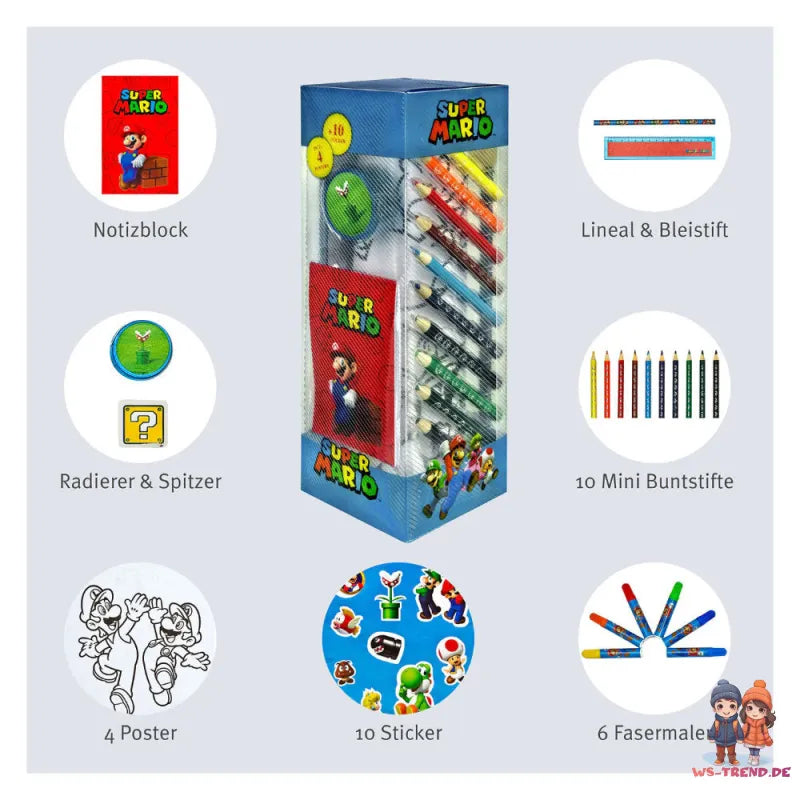 Super Mario 35 tlg. Kinder Malset Buntstifte Fasermaler Lineal Poster Anspitzer WS Trend.de