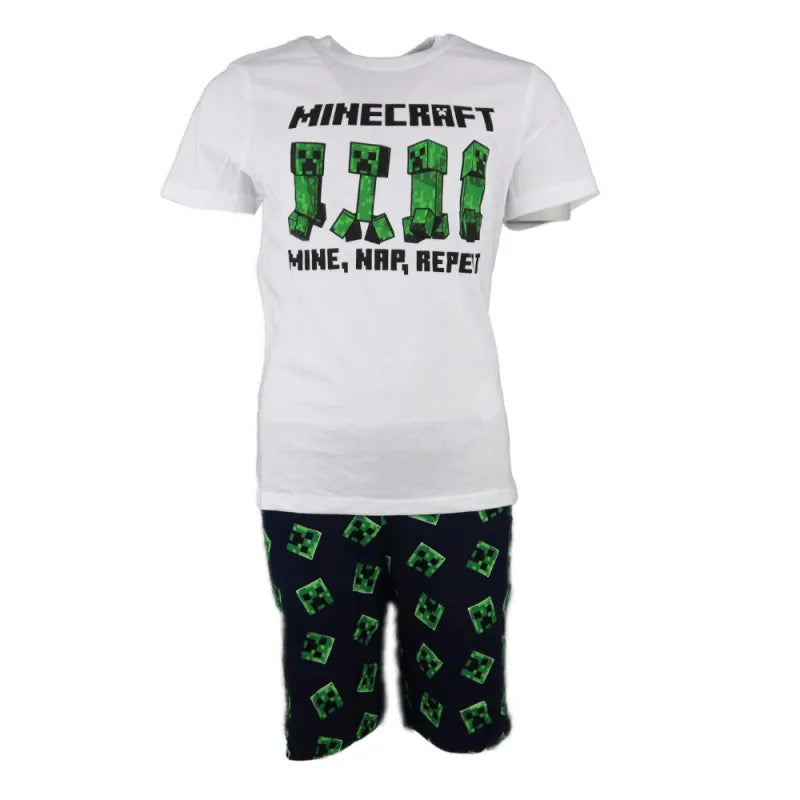 Minecraft Creeper Kinder kurzarm Pyjama Schlafanzug WS Trend.de 116 152 Weiß