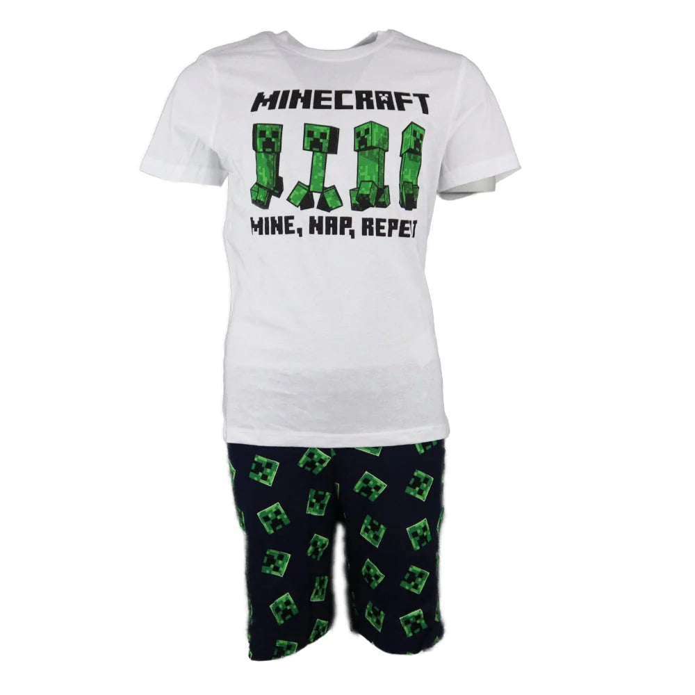 Minecraft Creeper Kinder kurzarm Pyjama Schlafanzug - WS-Trend.de 116 -152 Weiß