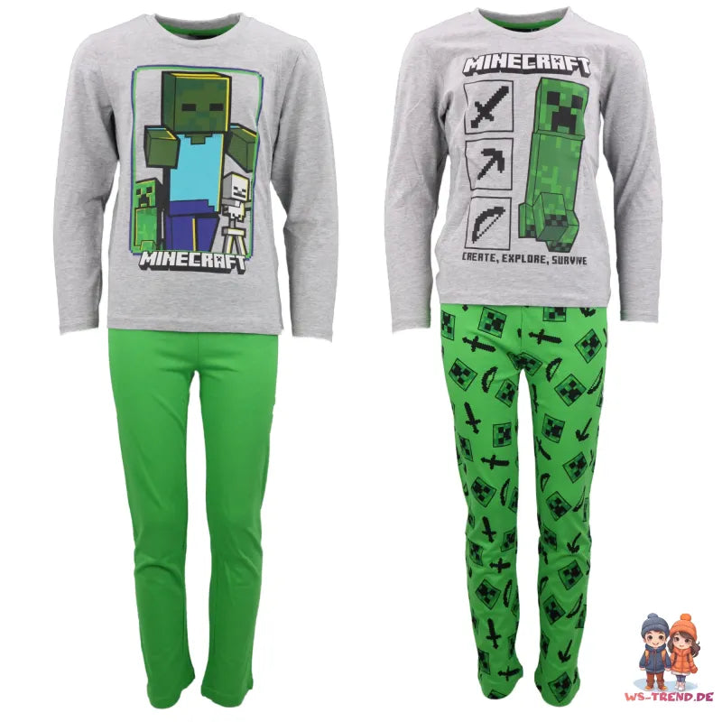 Minecraft Creeper Kinder lang Pyjama - WS-Trend.de Zombie Jungen Schlafanzug 128 -152