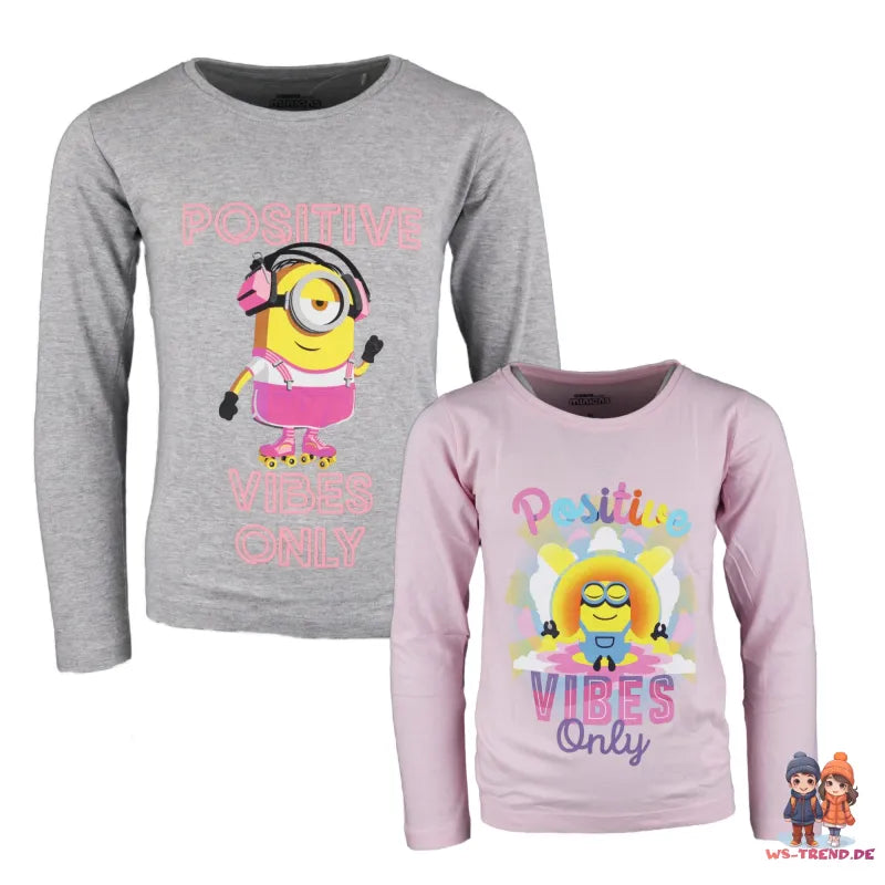 Die Minions Mädchen langarm T-Shirt - WS-Trend.de Langarm Kinder Shirt 104-134 Grau Rosa Baumwolle