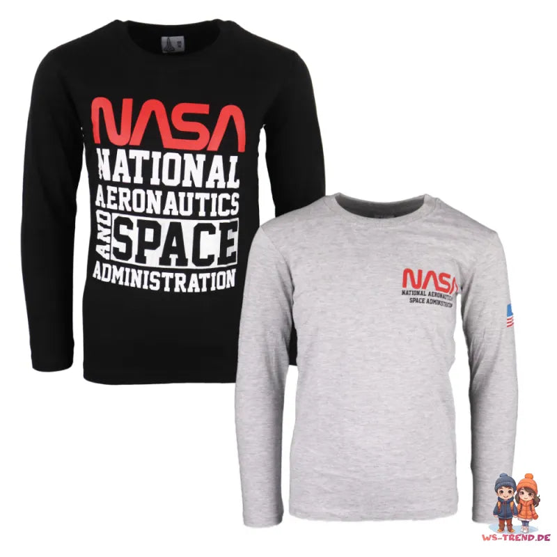 NASA Space Center Kinder langarm T-Shirt Jungen - WS-Trend.de 134-164 Baumwolle Schwarz Grau