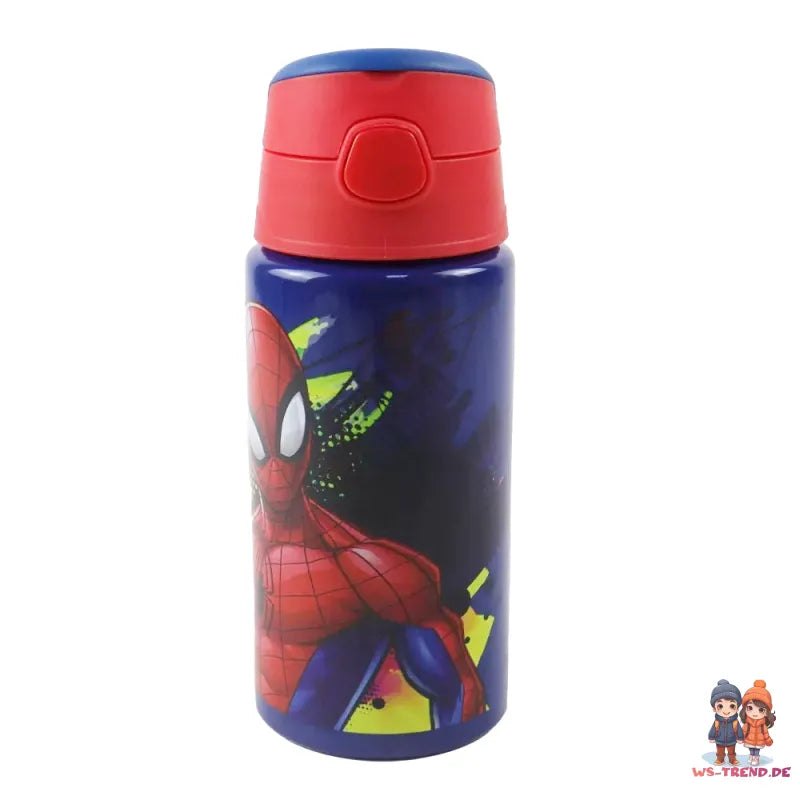 Marvel Spiderman Aluminium Wasserflasche Trinkflasche Flasche 500 ml - WS-Trend.de mit Trinkhalm Gurt