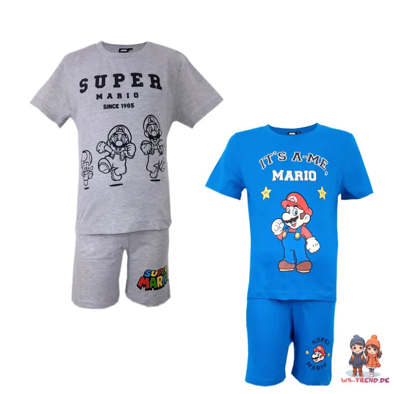 Super Mario Schlafanzug Pyjama kurz - Größe 104 bis 152 - WS-Trend.de Kinder Baumwolle Blau Grau 104-152