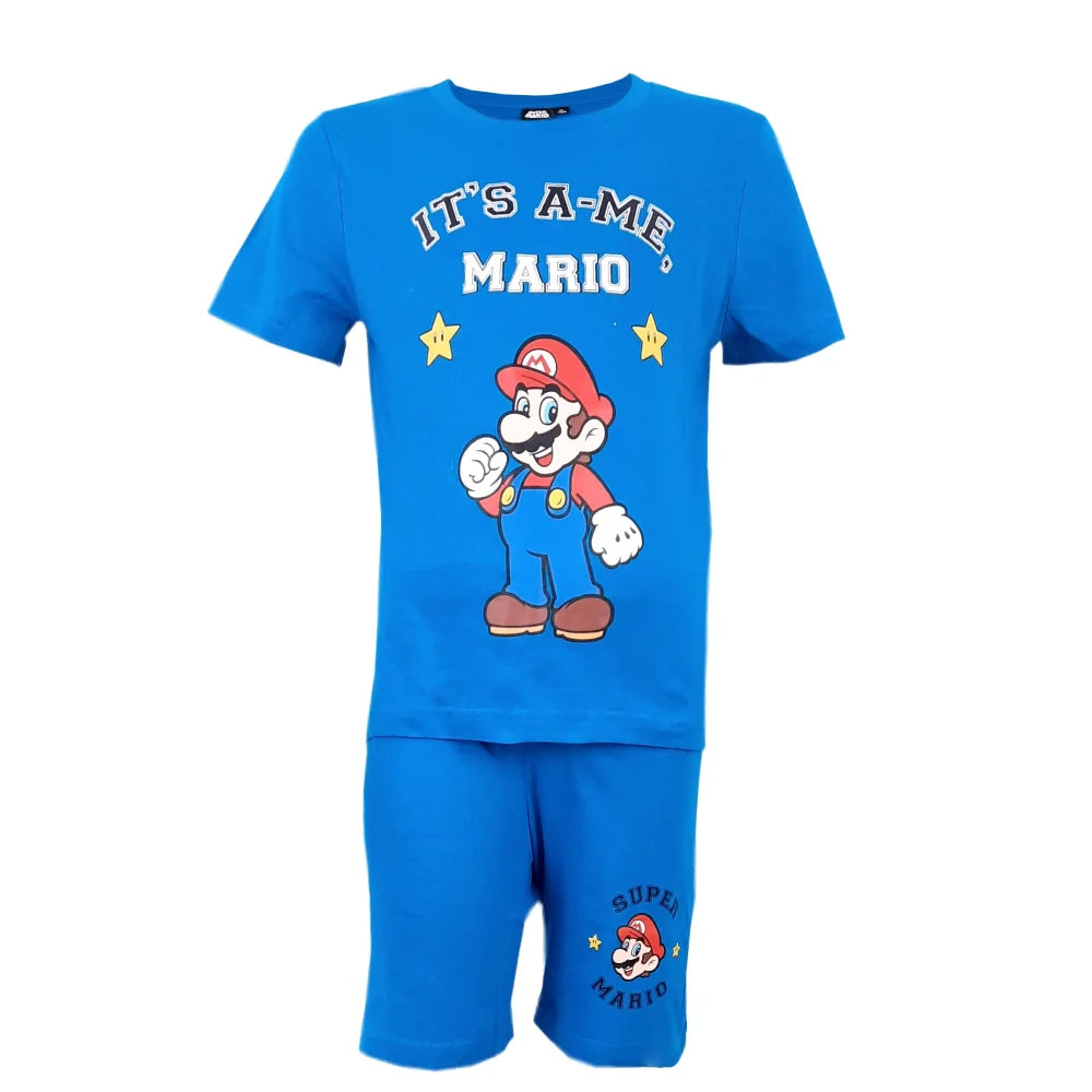 Super Mario Schlafanzug Pyjama kurz - Größe 104 bis 152 - WS-Trend.de Kinder Baumwolle Blau Grau 104-152